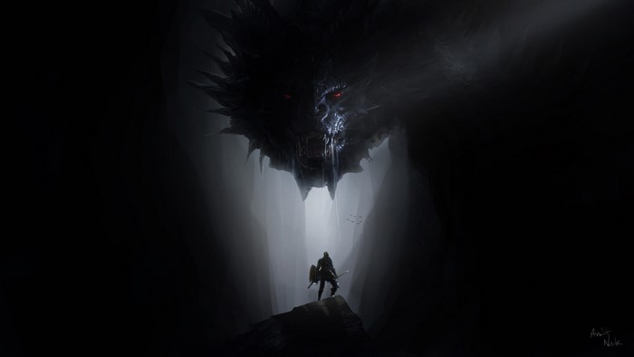 Warrior facing a giant dragon in a dark cave