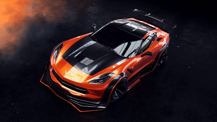Orange Corvette with Carbon Fiber Accents and Spoiler