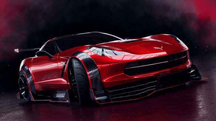 Red Corvette race car with wide body kit
