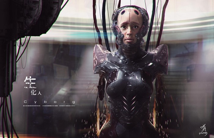 Cyborg with wires in a futuristic setting