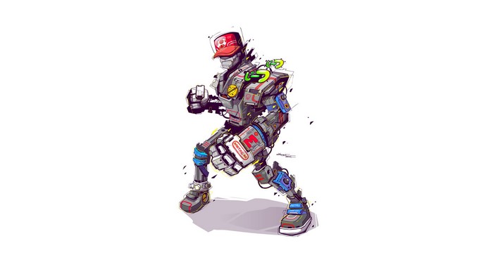 Robot wearing a red cap in a fighting stance