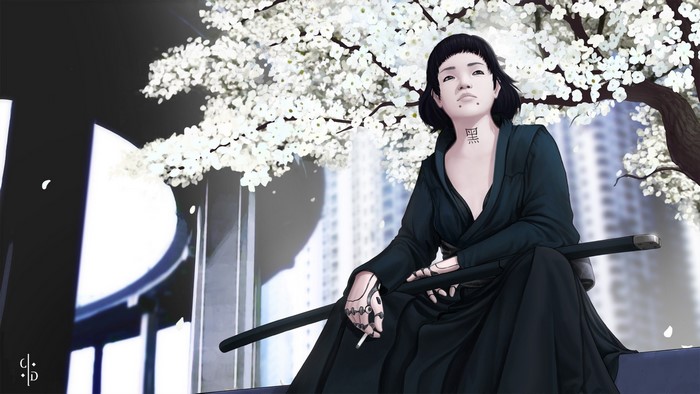 Woman with sword and cigarette under cherry blossoms