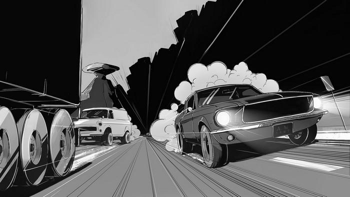 Ford Mustang and van on a highway