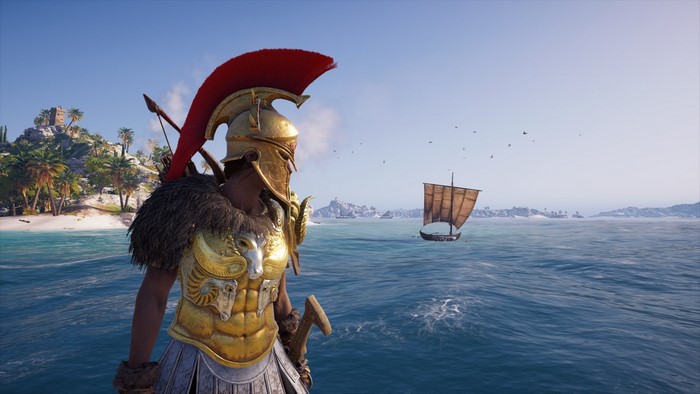 Kassandra from Assassin's Creed Odyssey on a boat