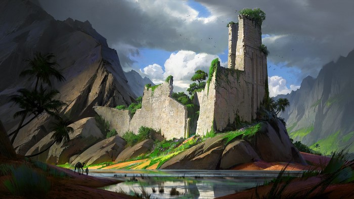 Ruined castle on a rocky outcrop by a river