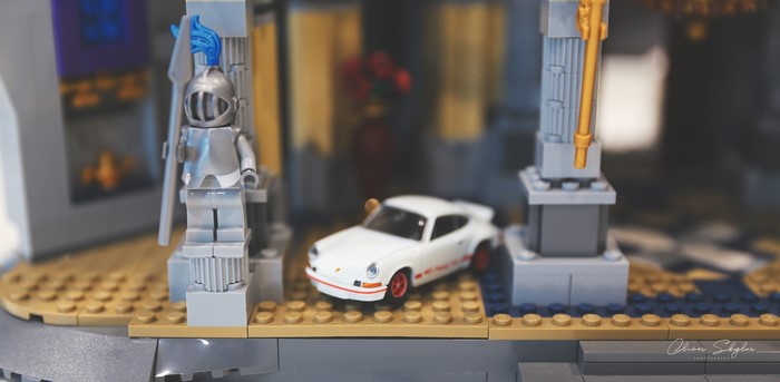 LEGO Knight and White Porsche 911 in Castle Diorama