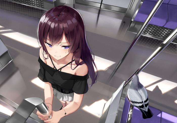 Anime girl with purple hair on a train with a pigeon