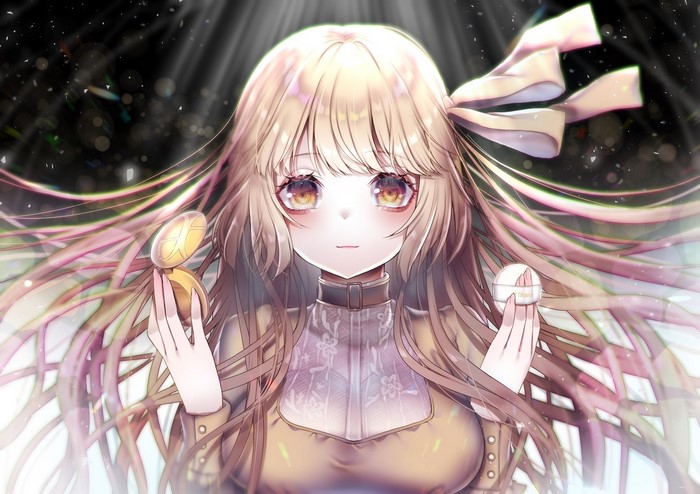 Anime girl with long blonde hair and yellow eyes holding makeup