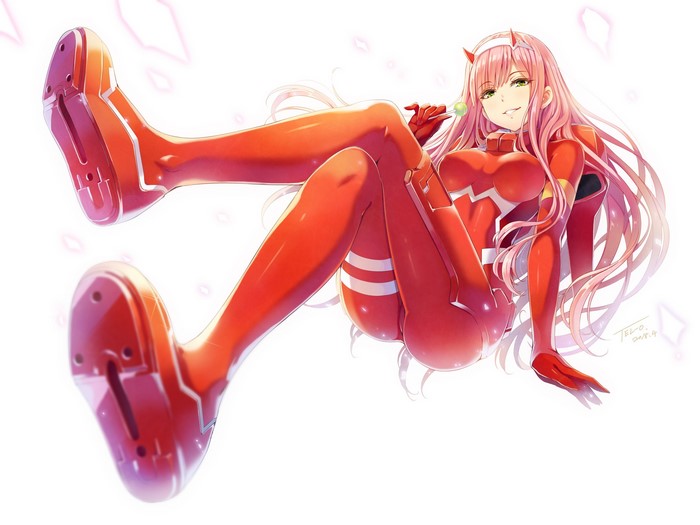 Zero Two from Darling in the FranXX with a lollipop