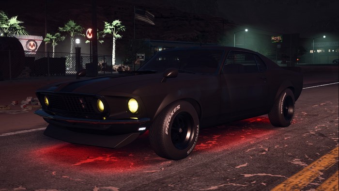 Black Ford Mustang Boss 302 with red underglow