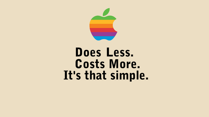 Apple logo with text "Does Less. Costs More."