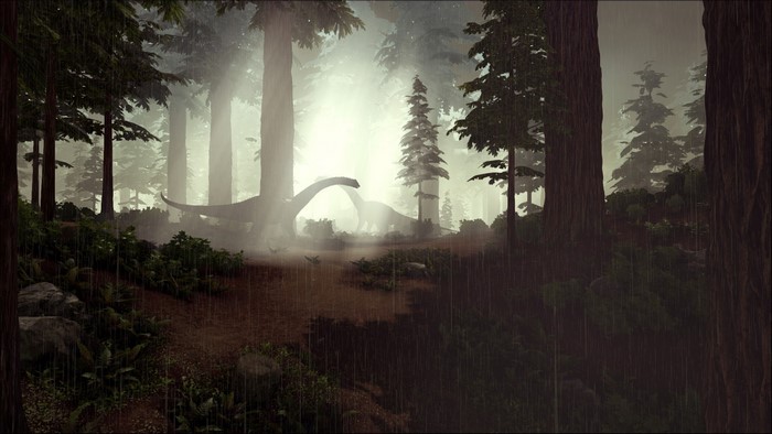 Dinosaurs in a misty forest during rain, Ark: Survival Evolved art
