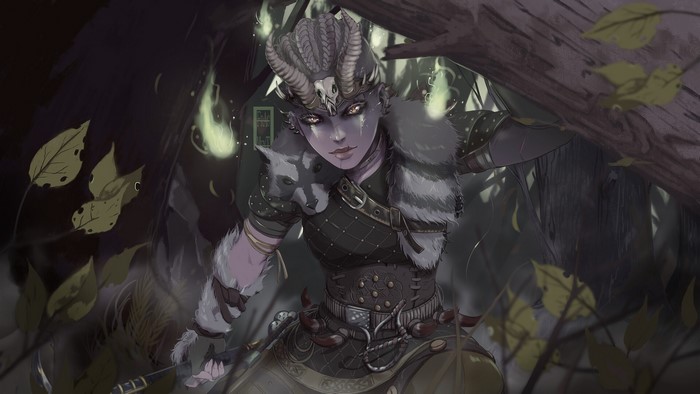 Fantasy warrior with horns and fur in a forest