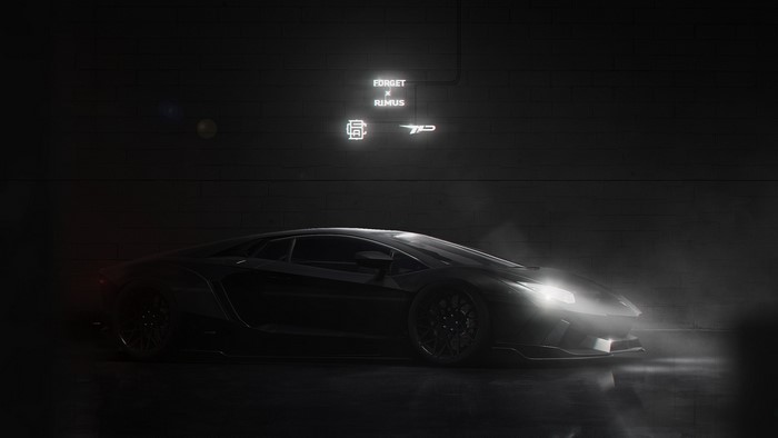 Black Lamborghini Aventador with neon signs