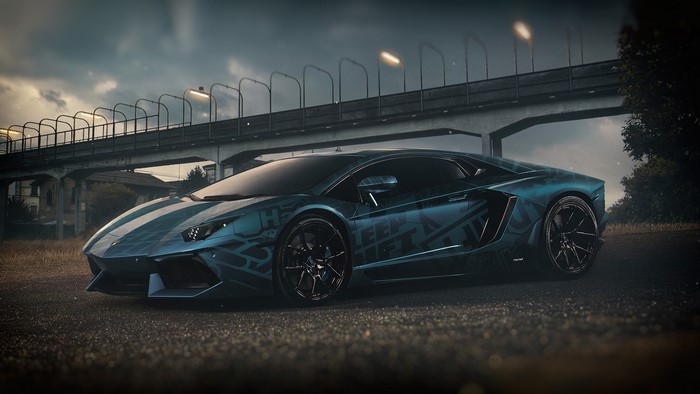 Blue Lamborghini Aventador with custom graphics