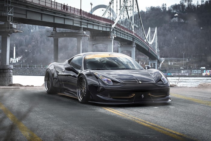 Black widebody Ferrari 458 Italia under a bridge