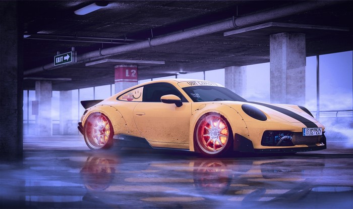Yellow Porsche 911 with glowing brakes in parking lot