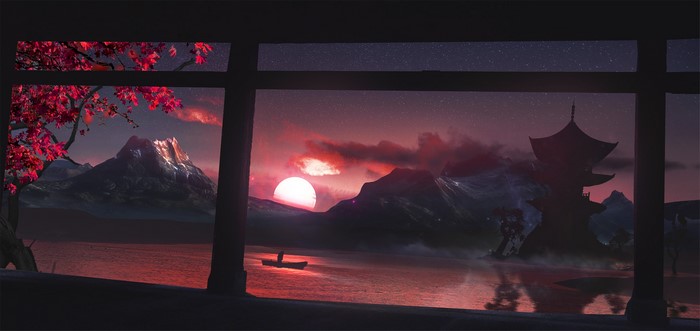 Digital art of a Japanese landscape at sunset