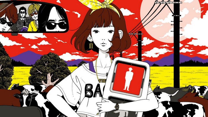 Anime girl holding tablet with cows and men in car