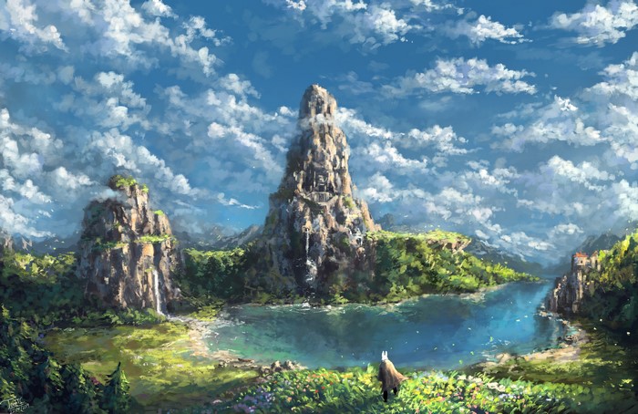 Fantasy landscape with a rabbit-like figure and ancient ruins