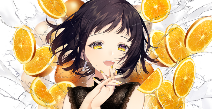 Anime girl with oranges and water splashes