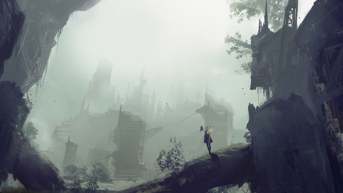 2B from Nier: Automata in a misty ruined city