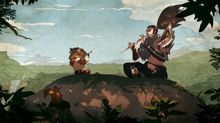 Teemo and Yasuo from League of Legends playing flutes