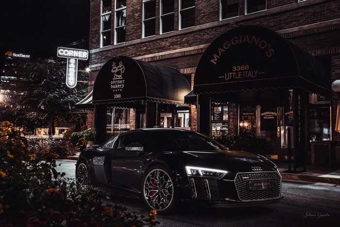 Black Audi R8 parked in front of Maggiano's Little Italy