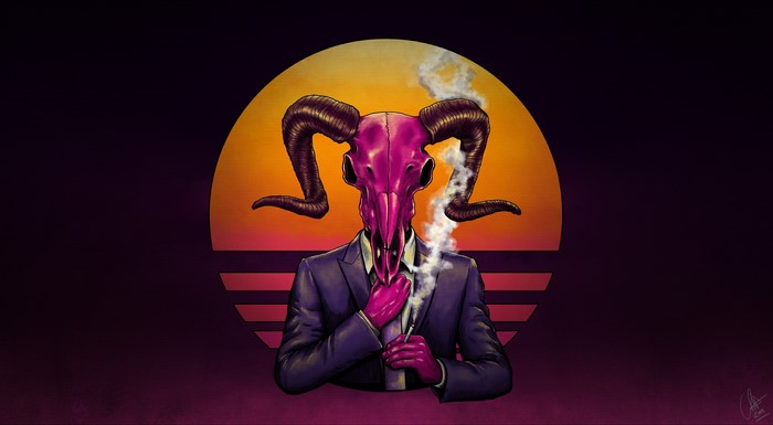 Man with Ram Skull Head Smoking Cigarette