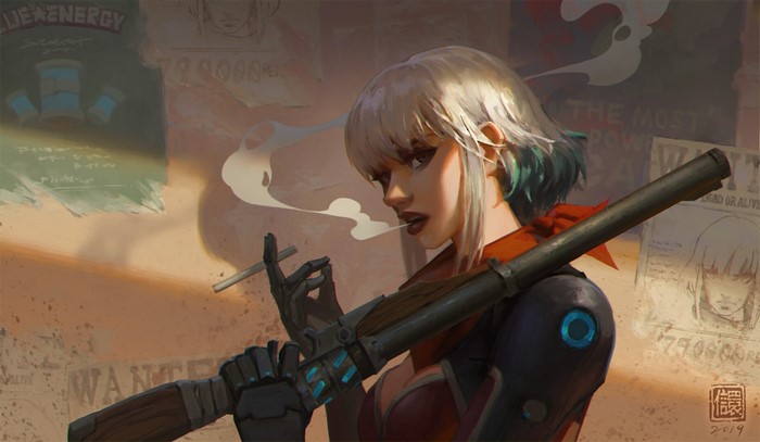Anime girl with rifle smoking, Kan Liu artwork