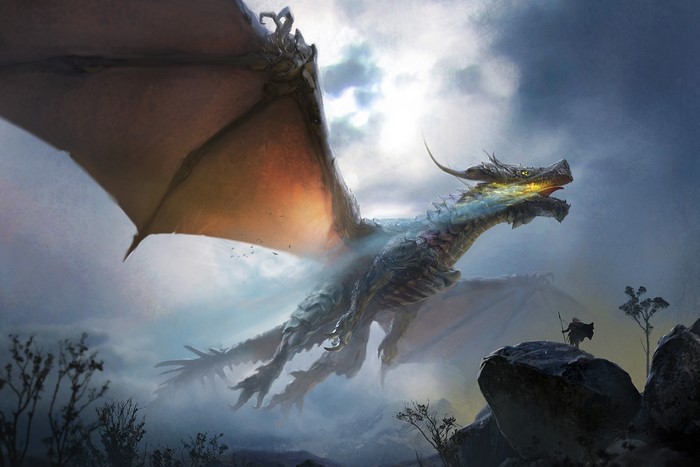 Dragon flying in the sky with a person on a rock