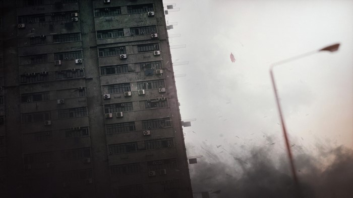 Homelander from The Boys flying near a building