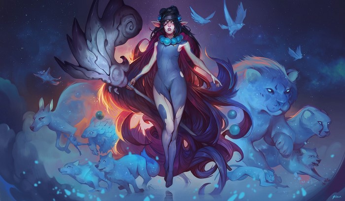 Fantasy girl with spirit animals and birds