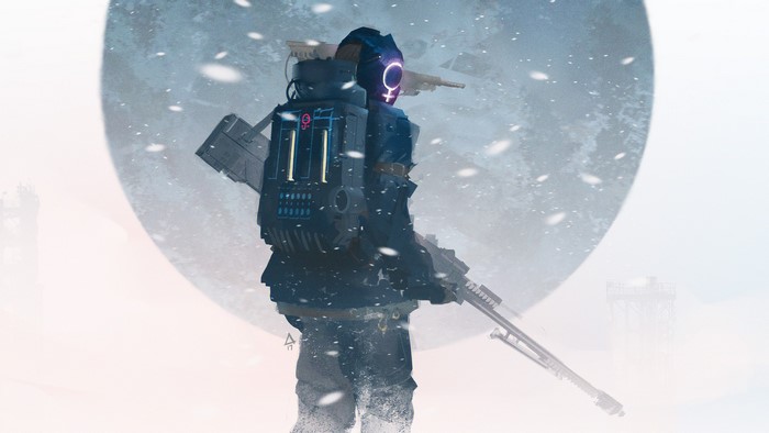 Astronaut with rifle in snowstorm