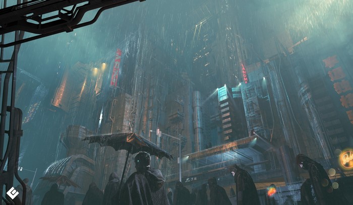 Cyberpunk city street in heavy rain