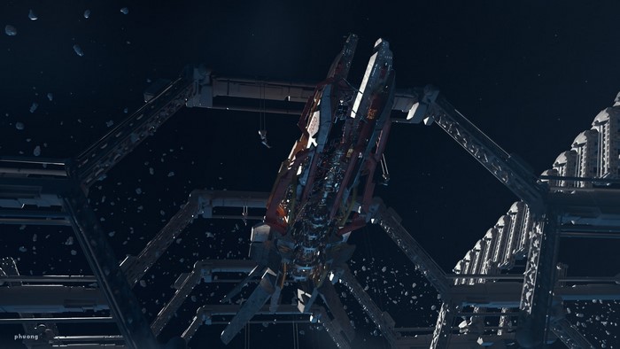 Spaceship docked at space station with asteroids