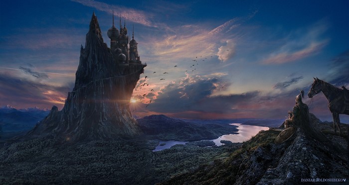 Fantasy castle on a cliff overlooking a river at sunset