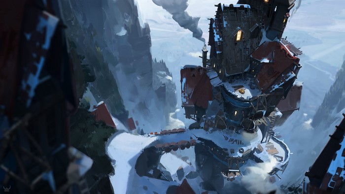 Concept art of a snowy mountain village with towers