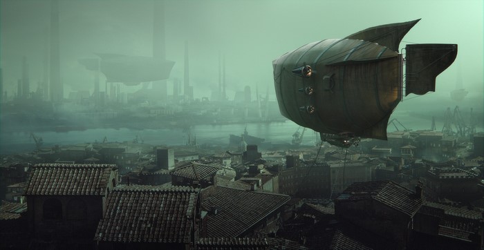 Steampunk city with airships by Lukasz Wiktorzak
