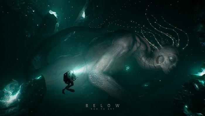 Scuba diver encounters giant creature in deep ocean