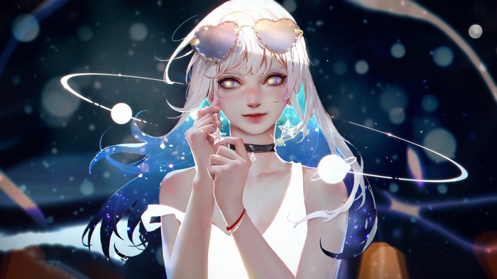 Anime girl with white hair and heart-shaped glasses