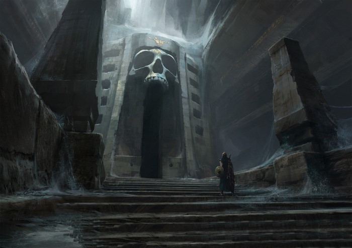 Warrior before a giant skull entrance in a dark fantasy environment