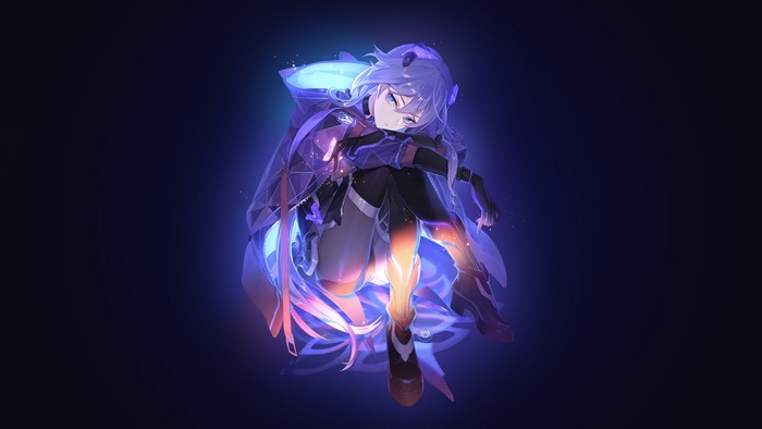 Anime girl with blue hair and glowing outfit