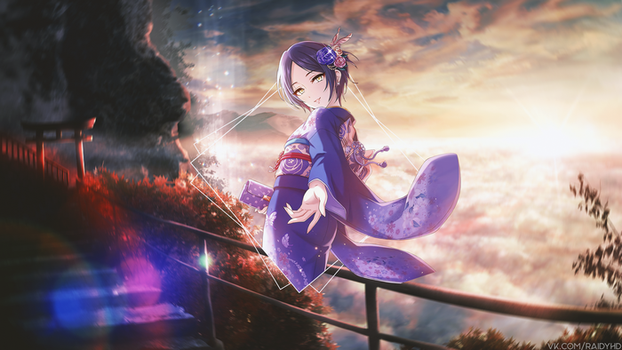 Anime girl in kimono with torii gate