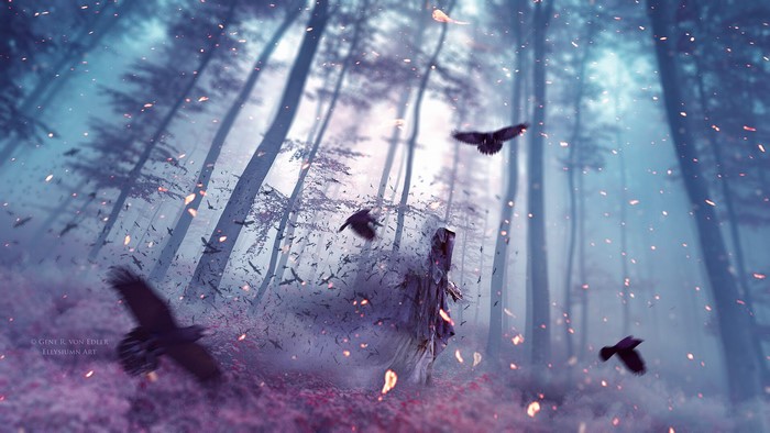 Fantasy forest with crows and a cloaked figure