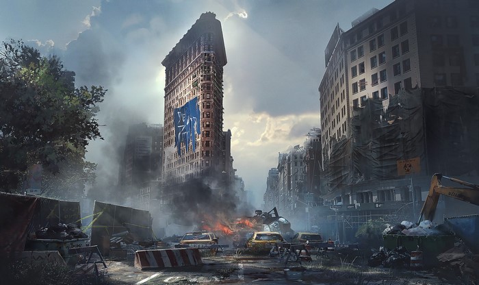 Apocalyptic city street with damaged buildings and cars