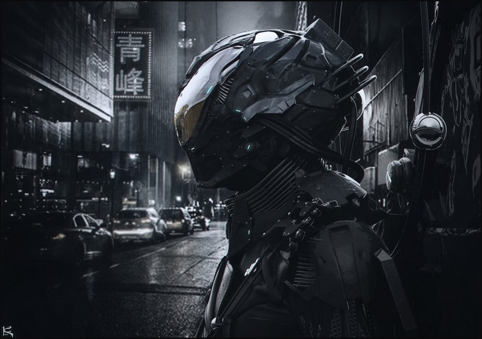 Cyberpunk character in a futuristic city street