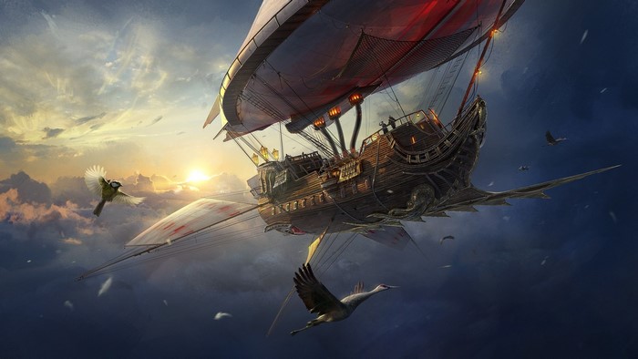 Fantasy airship sailing through clouds at sunset with birds