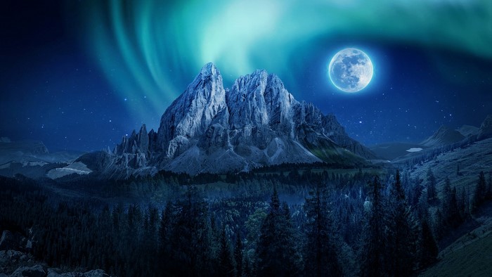 Mountains under the Moon and Aurora Borealis