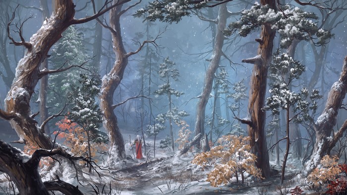 Fantasy forest with a figure in red